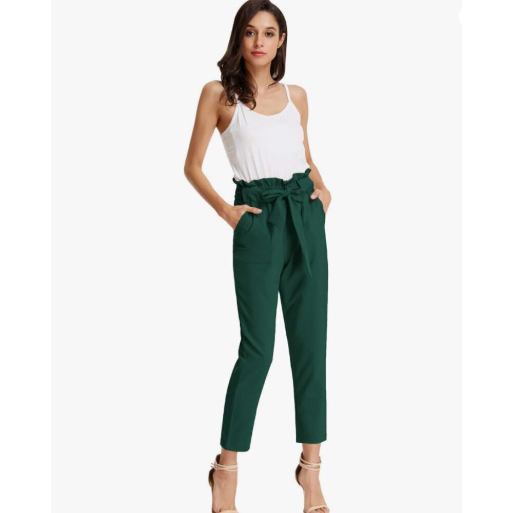 Grace Karin Paperbag Waist Tie Pants XL Teal Green Ankle EUC